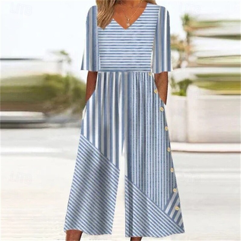 Women's Normal Jumpsuit Streetwear Striped Short Sleeve Wide Leg V Neck Pocket Print Street Daily Regular Fit Black Blue Summer