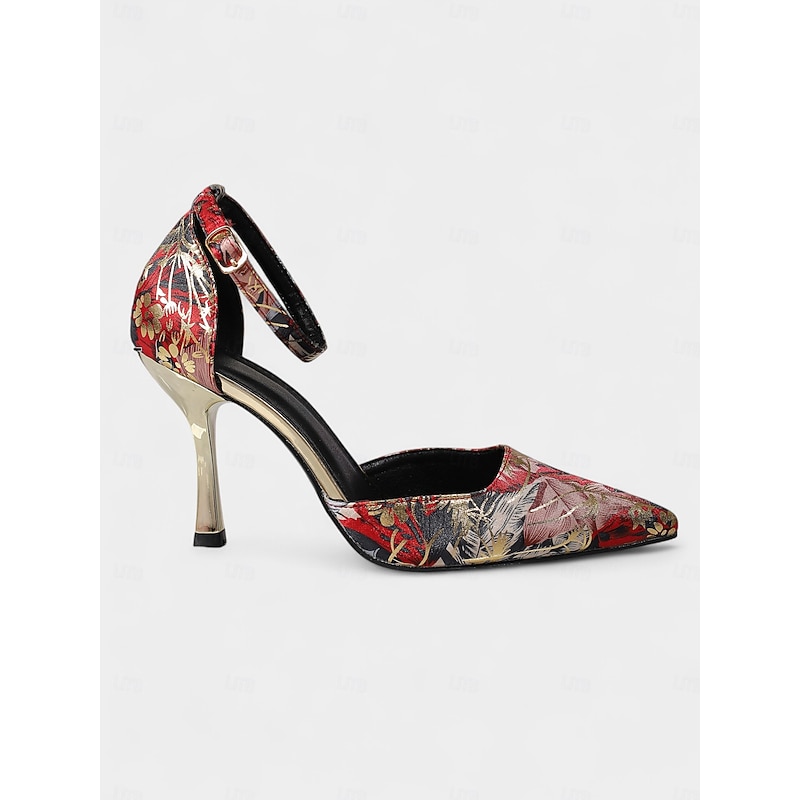 Women's Blue Floral Brocade Pointed Toe High Heels – Elegant Ankle Strap Stiletto Pumps for Daily, Evening Party & Formal Events4