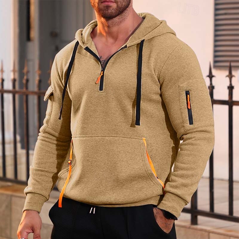 Men's Hoodie Quarter Zip Hoodie Fleece Hoodie Tactical Hoodie Black Navy Blue Khaki Dark Gray Gray Hooded Plain Patchwork Sports & Outdoor Casual Daily Streetwear Cool Sportswear Spring & Fall All