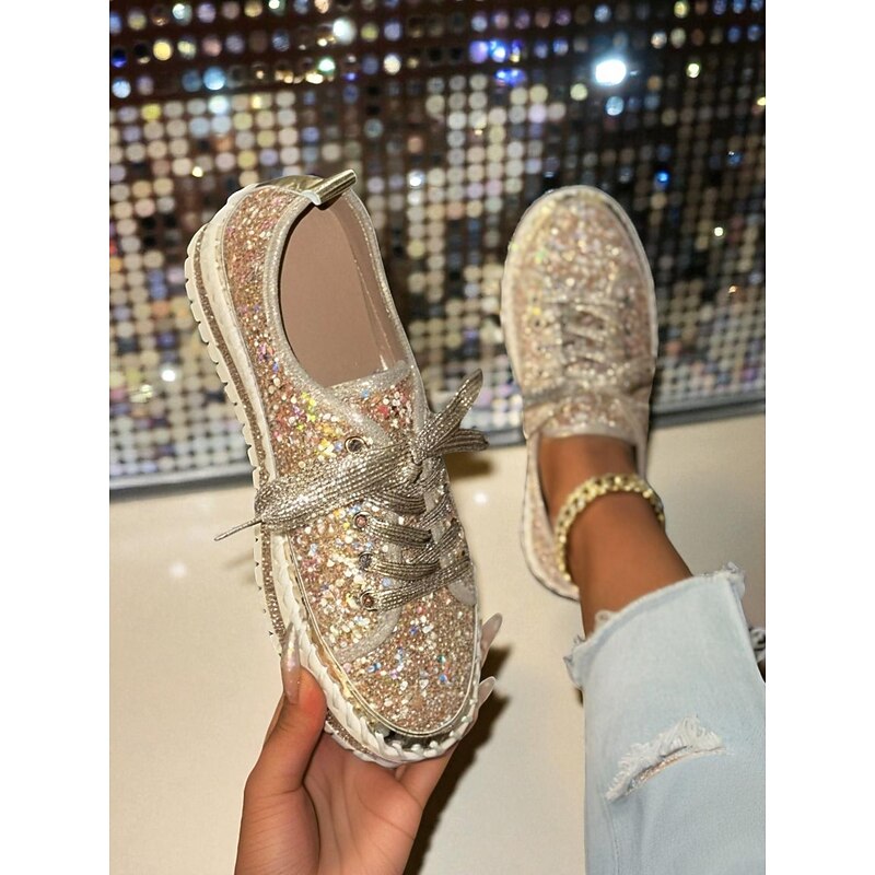 Women's Glitter Lace-Up Platform Sneakers - Sparkly Sequin Casual Shoes for Nightlife, Parties and Club Outfits4
