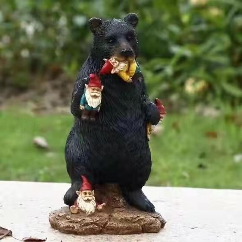 Garden Statue Naughty Black Bear Eating Dwarfs Resin Miniature Sculpture for Fairy Garden Decoration4