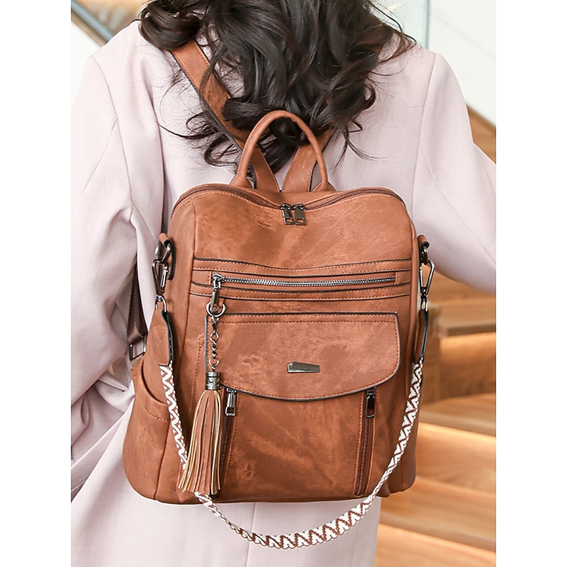 Women's Faux Leather Convertible Backpack Purse – Vintage Multi-Pocket Shoulder Bag with Tassel for Casual Daily Commute, Travel and Work3
