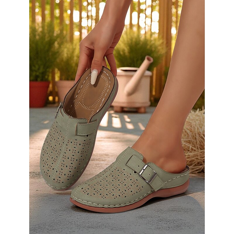 Women's Green Perforated Slip-On Mules, Comfortable Casual Shoes with Buckle, Ideal for Everyday Wear, Garden and Travel3