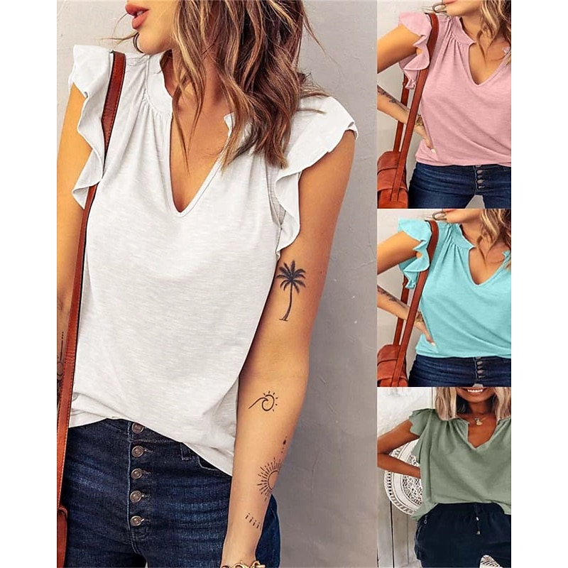 Women's Texture Blouse T Shirt Plain Fashion Modern Short Sleeve V Neck Regular Tops Daily Ruffle White Pink Green Summer