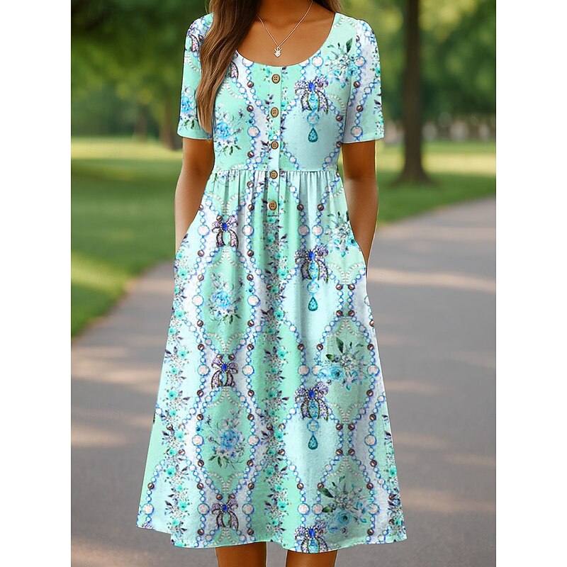 Women's Midi Dress Casual Dress Sundress A Line Dress Summer Dress Vacation Casual Beach Holiday Loose Fit Floral Graphic Short Sleeve Crew Neck Pink Blue Purple Green Summer Fall3
