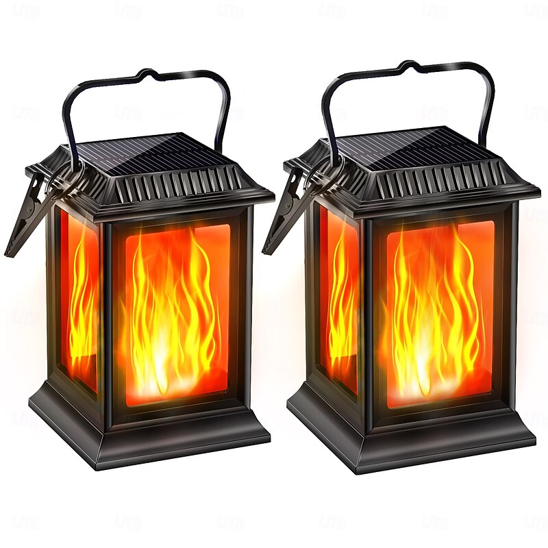 1 Pc Halloween Christmas Outdoor Waterproof Solar Simulation Flashing Flame Handheld Lantern 28 LED Beads Courtyard Garden Terrace Stairs Party Wedding Decoration Light Landscape Light3