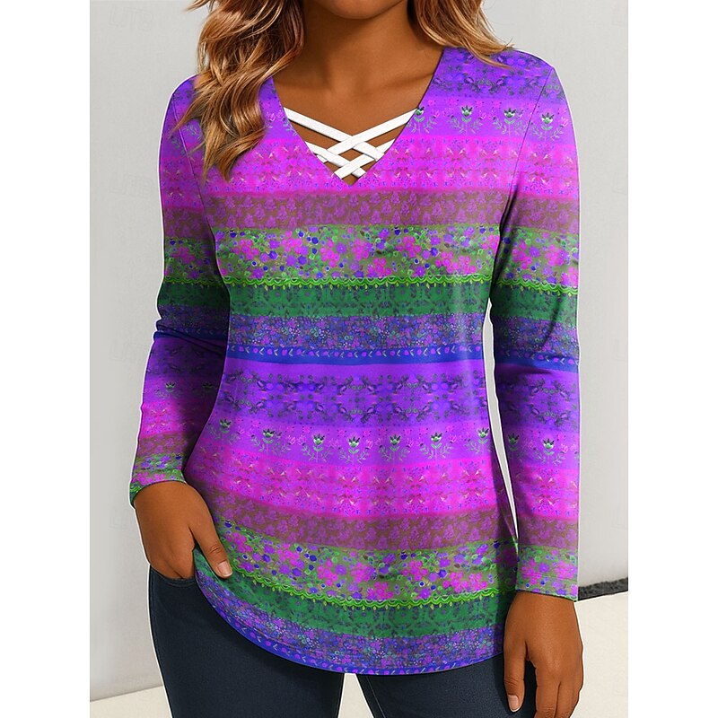 Women's T Shirt Floral Graphic Vintage Stylish Classic Long Sleeve V Neck Regular Tops Daily Cut Out Print Blue Purple Orange Green Spring Fall3