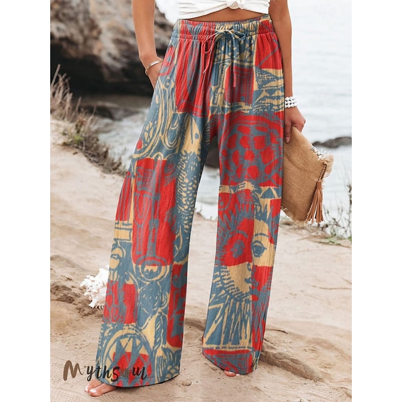 Women's Culottes Wide Leg Vacation Vintage Ethnic Style Full Length High Waist Floral Graphic Quick Dry Breathability Soft Inelastic Outdoor Vacation Sport Yellow Red Khaki Coffee Summer Spring4
