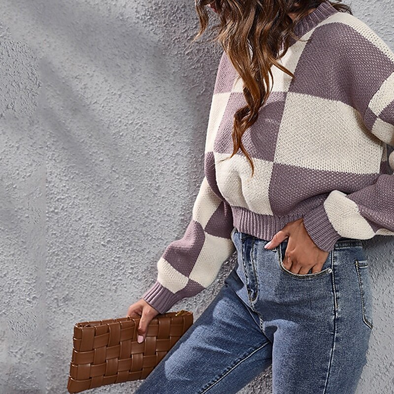 Women's Pullover Casual Plaid Chunky Crew Neck Knitted Long Sleeve Regular Tops Knit Daily Holiday Going out Black Purple Fall Winter3
