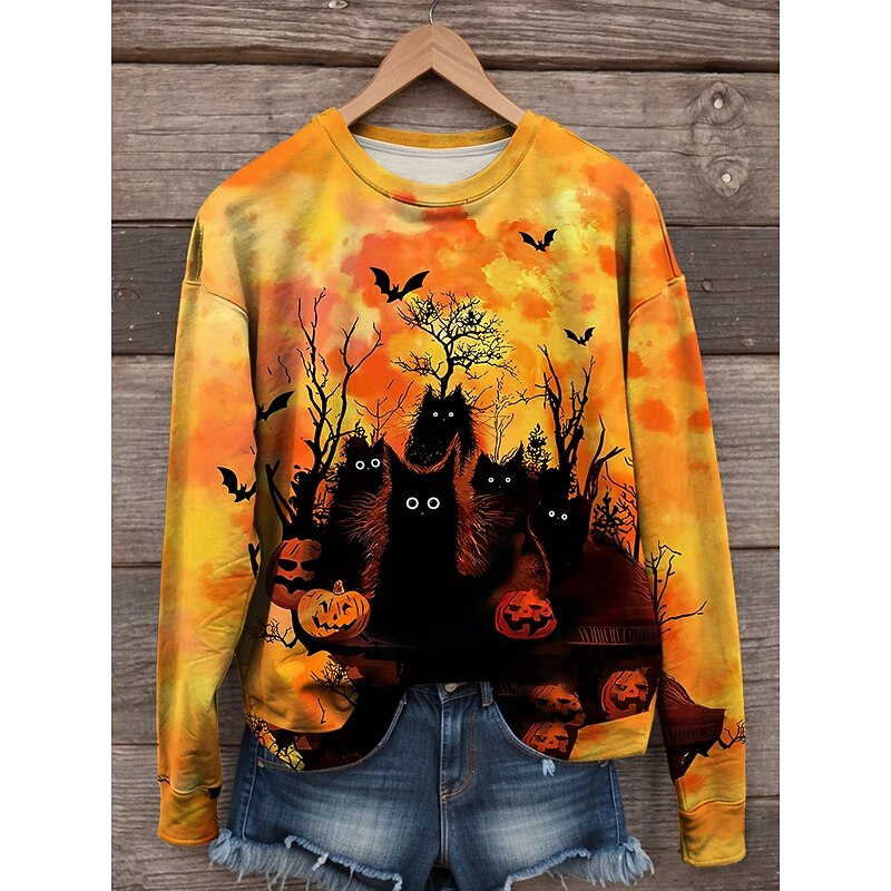 Halloween Women's Sweatshirts Witch Graphic Casual Long Sleeve Crew Neck Regular Tops Street Dailywear Print Black Yellow Orange Fall Winter4