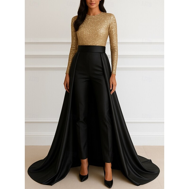 Black Gold A-Line Evening Gown Elegant Dress Formal Wedding Floor Length Long Sleeve Crew NeckMother Of the Bride Stretch Satin with Glitter Sequin4