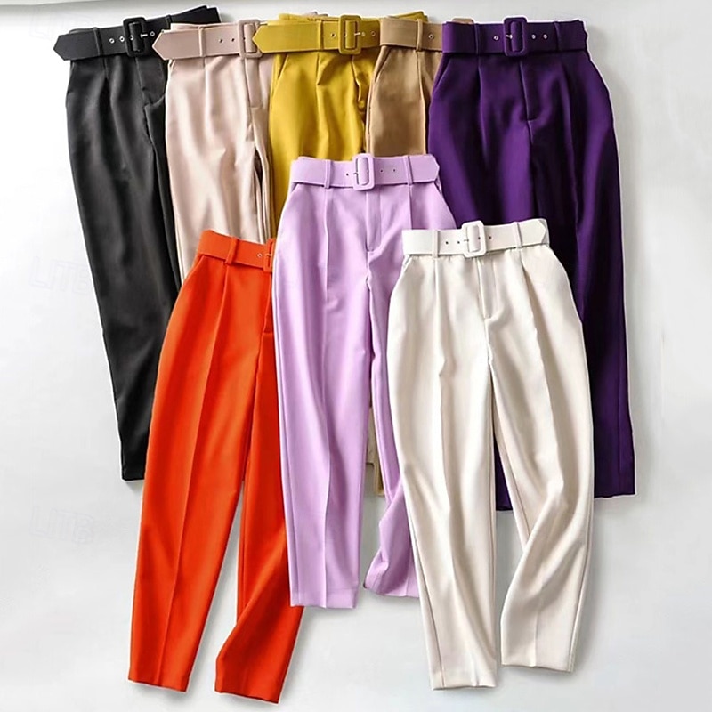 Women's Dress Pants Cropped Pants Fashion Streetwear Ankle-Length High Waist Plain Pocket Breathability Comfortable Business Daily Wear Dark Brown Black White Red Spring Fall Regular Fit