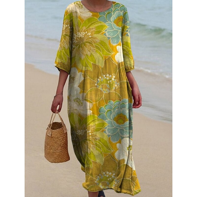 Women's Midi Dress Casual Dress Print Dress Fashion Modern Daily Beach Weekend Regular Fit Floral Color Block 3/4 Length Sleeve Crew Neck Yellow Blue Fuchsia Green Spring Fall Autumn4