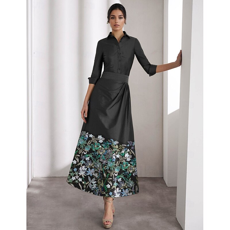 A-Line Mother of the Bride Evening Gown Elegant Dress Formal Wedding Floor Length Long Sleeve Shirt Collar Pocket Satin with Glitter Pocket4