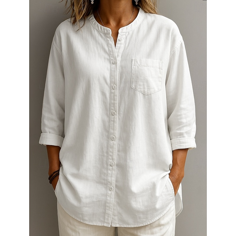 Women's Cotton Shirt Solid Color Elegant Daily Casual 3/4 Length Sleeve High Neck Regular Tops White Navy Blue Blue Beige Spring, Fall, Winter, Summer