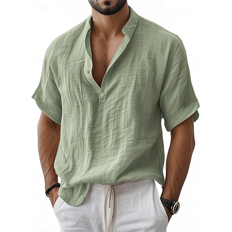 Men's Linen Shirt Popover Shirt Casual Shirt Button Up Shirt Plain Vacation Street Black White Light Green Dark Navy Short Sleeves Band Collar Spring Fall Clothing Apparel Buttons4
