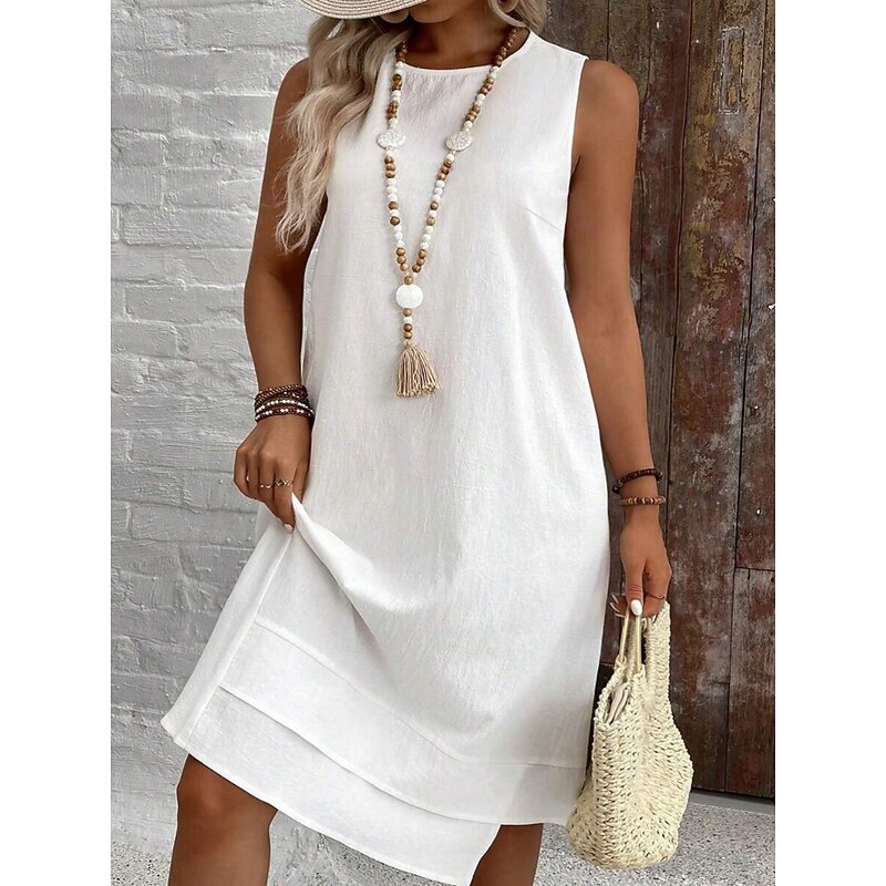 Women's Midi Dress Summer Dress Casual Daily Regular Fit Solid Color Sleeveless Crew Neck White Navy Blue Summer4