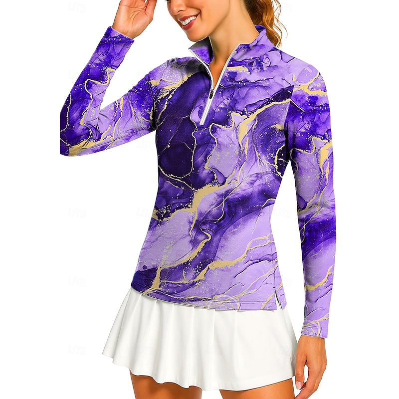 Women's Marble Golf Polo Shirt Tennis Shirt Tennis Tee Long Sleeve Print Quarter Zip Pullover UV Protection Elastic Breathable Volleyball Tennis Golf Stand Collar Zip Collar Shirt Polo Violet Tennis3