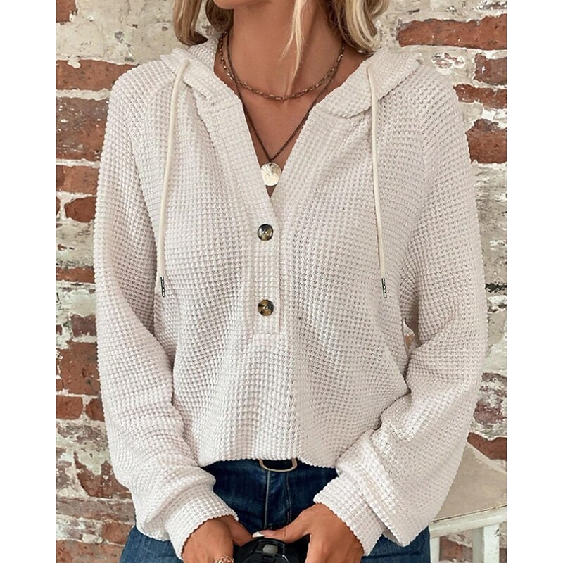 Women's Texture Sweatshirt Pullover Hoodie Sweatshirt Plain Streetwear Casual Long Sleeve Hooded Regular Tops Home Street Holiday Buttons Black White Navy Blue Fall Winter2