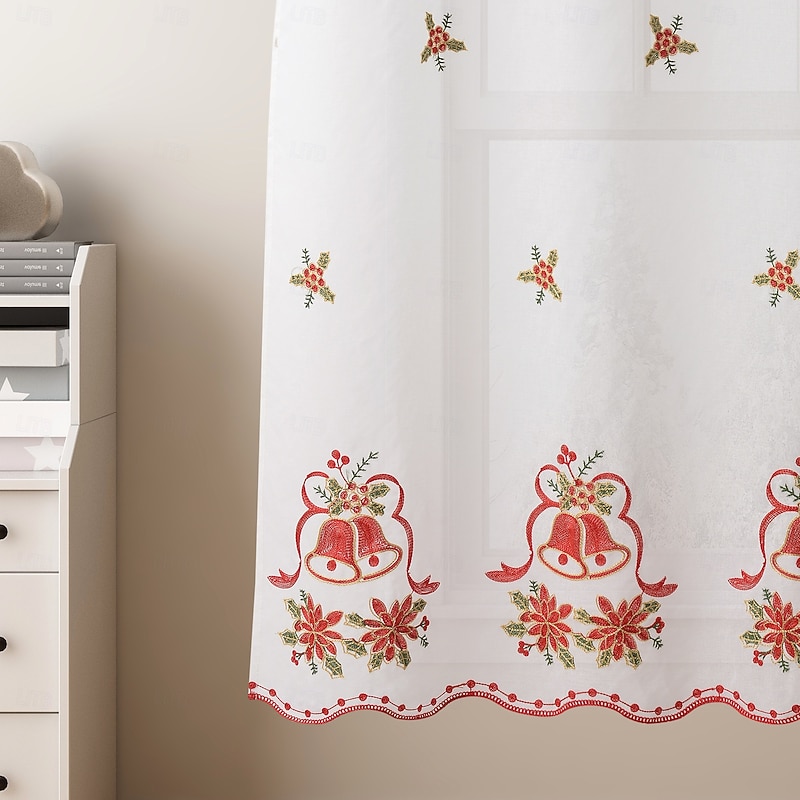 Curtain Drapes Christmas Embroidered Sheer Curtains  Eyelet Short Blackout Drapes, Ready-Made Holiday Decor for Living Room & Bedroom2