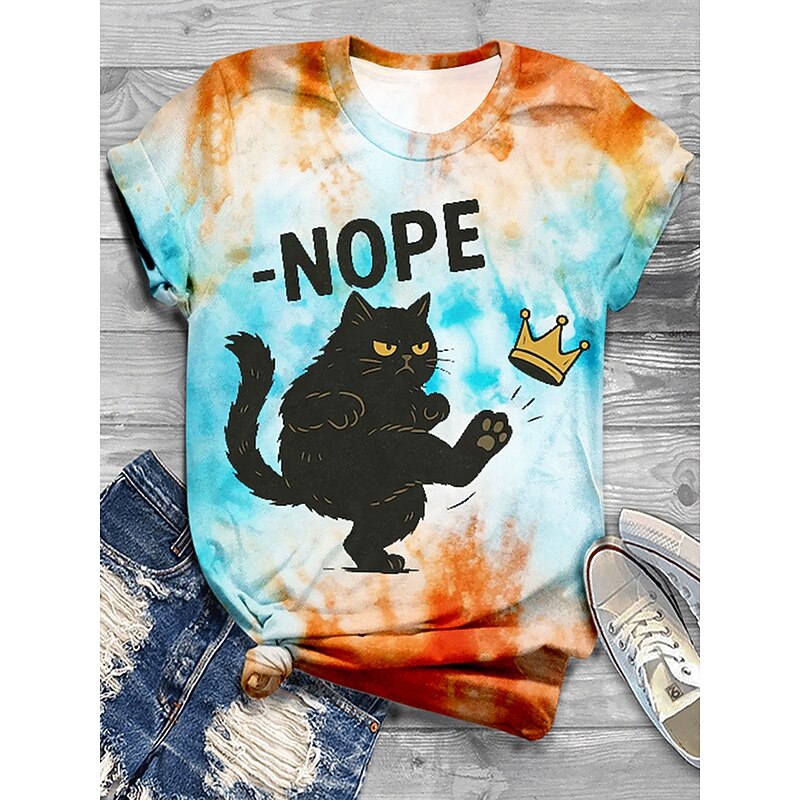 Women's T Shirt Ombre Graphic Animal Vintage Casual Short Sleeve Crew Neck Regular Tops Daily Weekend Print Pink Blue Sky Blue Orange Khaki Summer Spring