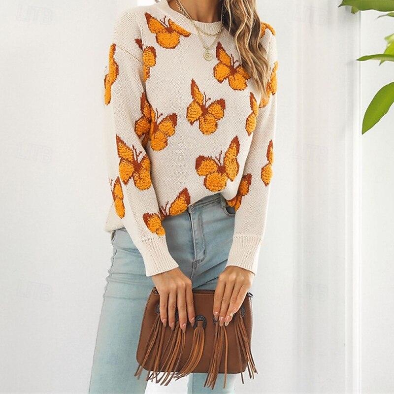 Women's Pullover Casual Butterfly Chunky Crew Neck Knitted Long Sleeve Regular Tops Knit Daily Holiday Going out Yellow Blue Fall Winter