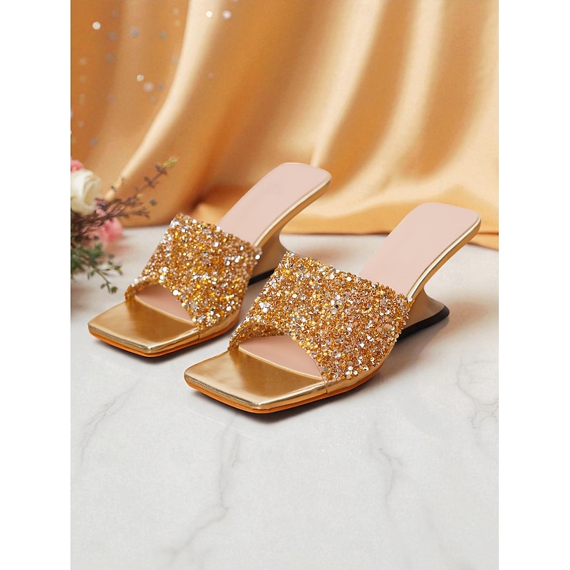 Women's Gold Rhinestone Slide Sandals with Curved Wedge Heels - Glamorous Party Shoes for Nightlife Events and Clubwear4