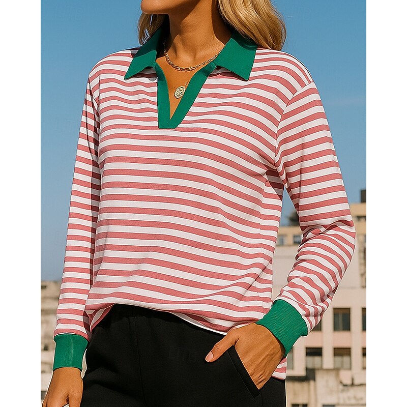 Women's Pullover Sweatshirt Casual Tops Long Sleeve Top Athleisure V Neck Stripes Sun Protection Windproof Outdoor Sportswear Activewear Dark Pink Black Pink3