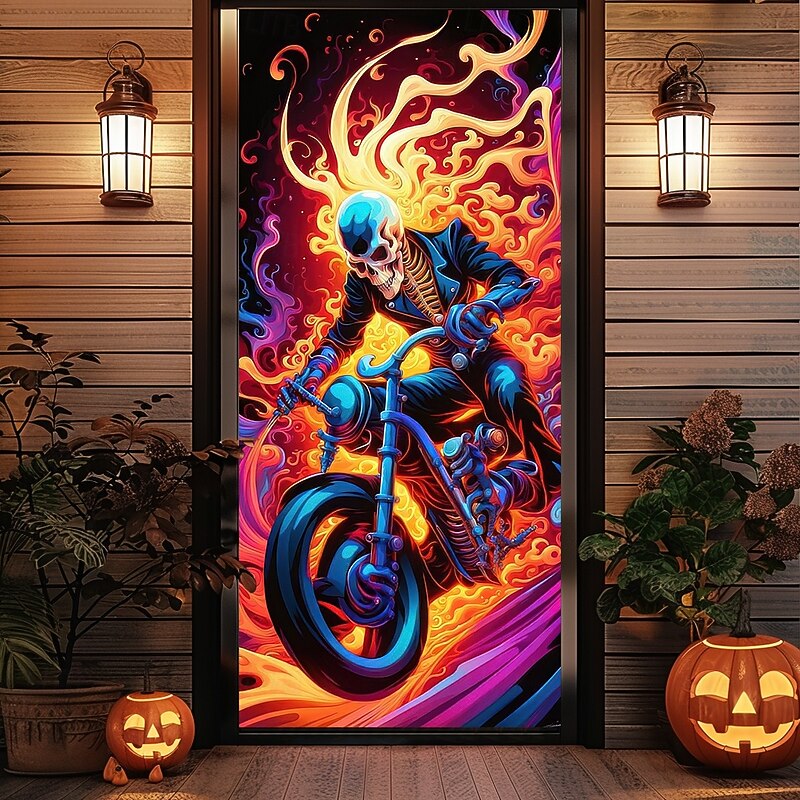 Halloween Door Cover Outdoor Banners Skeleton Motorcycle 3D Dark Punk Gothic Style Party Outdoor Shooting Backgrounds Front Door Wall Porch Home Decor2