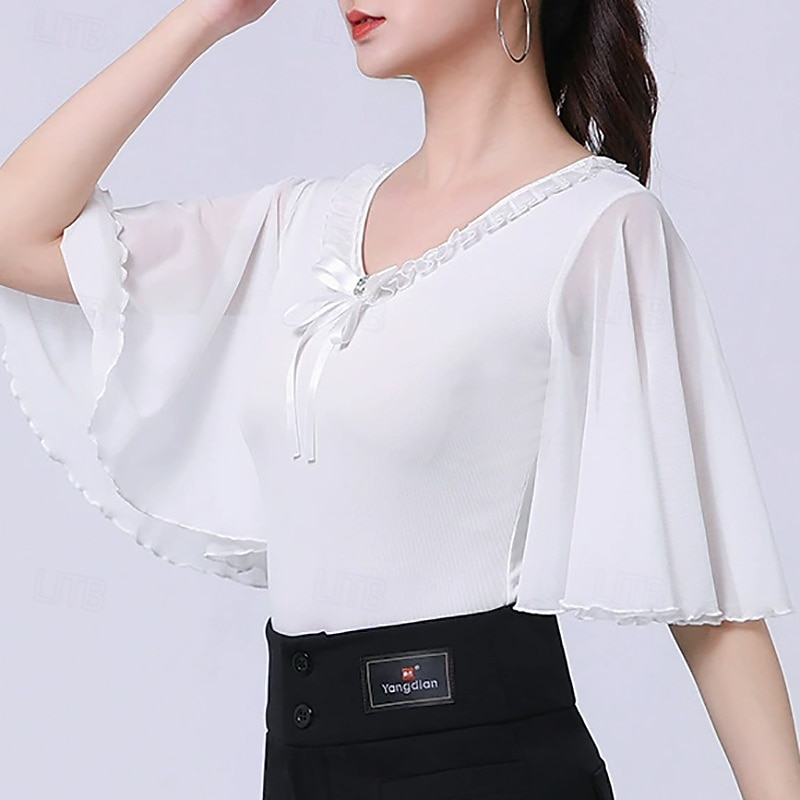 Latin Dance Top Bowknot Pure Color Splicing Women's Performance Training Half Sleeve High Polyester2