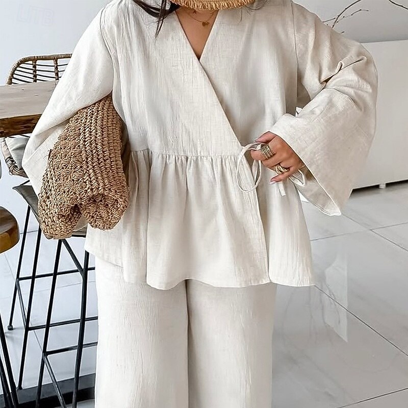 Women's Elegant Bohemia Vacation Pants Sets Long Sleeve Bell Sleeve V Neck Solid Color Lace up Ruched Ruffle Outdoor Vacation Party off white Pink khaki Summer Loose Fit2