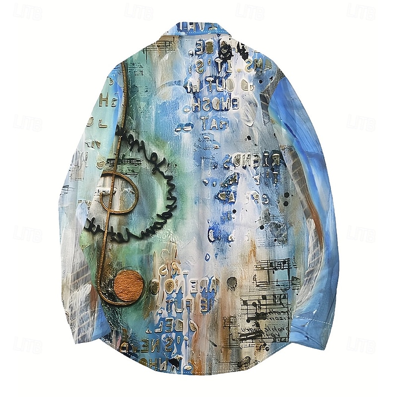 Men's Boardmasters Musical Notes Shirt Stand Collar Shirt Long Sleeve Vintage Retro Vacation Daily Wear Going out Spring Fall Mandarin Collar Band Collar Button-Down Linen Like Shirt Blue2