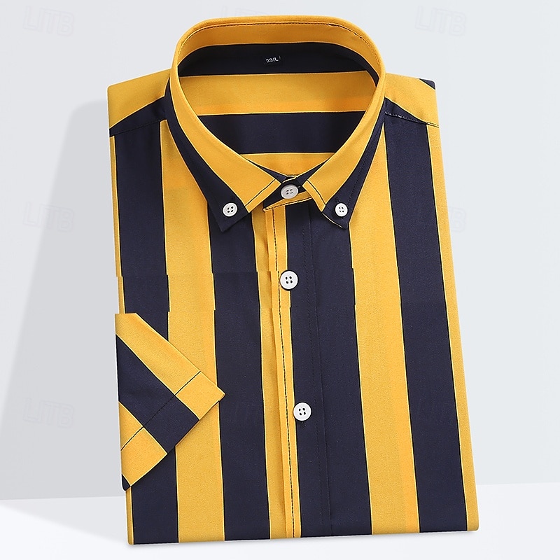 Men's Shirt Dress Shirt Button Down Shirt Non Iron Shirt Striped Corporate Clothing Thanksgiving Dark Yellow Black White Yellow Short Sleeve Lapel All Seasons Clothing Apparel Print