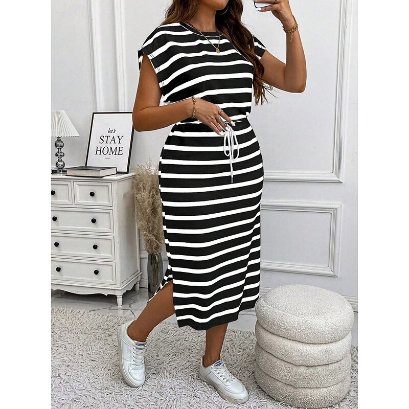 Women's Plus Size Casual Dress Striped V Neck Short Sleeve Summer Spring Fashion Modern Casual Midi Dress Daily Holiday Dress3
