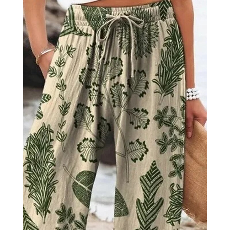 Women's Wide Leg Pants Trousers Palazzo Pants Fashion Boho Full Length High Waist Plants Elastic Waist Drawstring Print Breathability Comfortable Street Daily Wear Going out Green Spring Fall Regular2