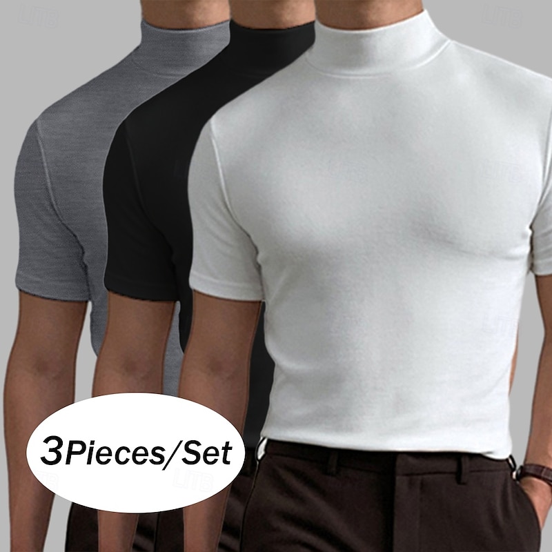 3 Pack Men's T Shirt Turtleneck shirt Short Sleeve Stand Collar Summer Spring Plain Fashion Casual Comfortable 3-Piece Vacation Street Holiday Tee