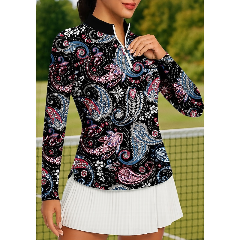 Women's Paisley Tops Golf Polo Shirt Tennis Shirt Tennis Tee Long Sleeve Print Quarter Zip Pullover UPF50+ UV Protection Elastic Breathable Tennis Golf Pickleball Stand Collar Zip Collar Shirt Polo3