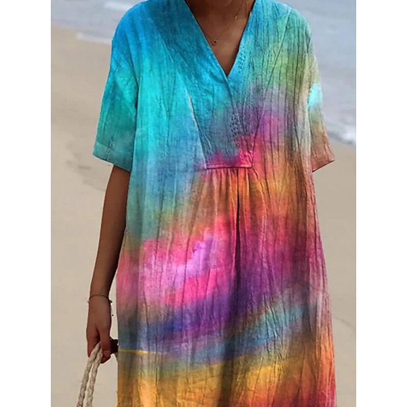 Women's Midi Dress Sundress A Line Dress Vacation Casual Beach Party Going out Beach Loose Fit Ombre Graphic Short Sleeve V Neck Pink Summer Spring3
