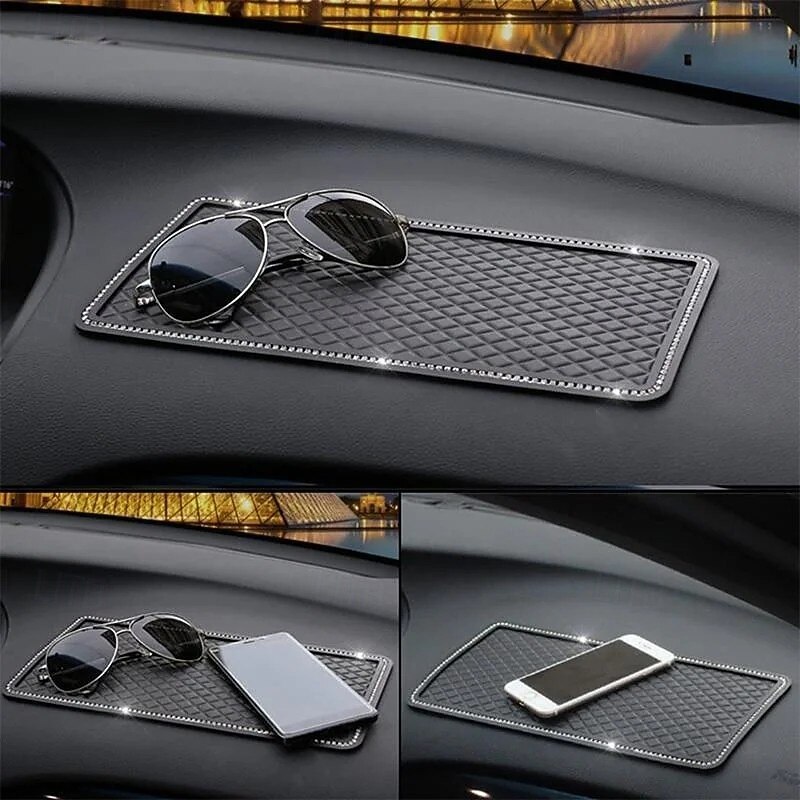 Car Rhinestone Anti Slip Mat, Bling Feather Design Dashboard Phone Pad, Non-Slip Car Interior Decor Mat for Mobile Phones and Small Items2
