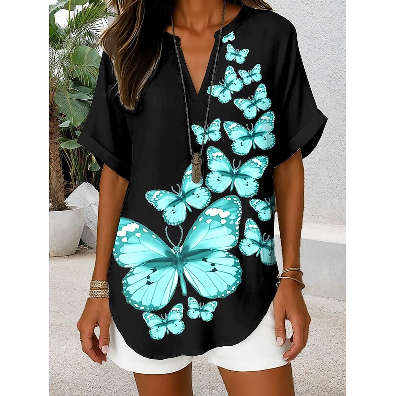 Women's Blouse V Neck Graphic Butterfly Daily Stylish Casual Short Sleeve Regular Tops Daily Holiday Black Red Blue Purple Summer Spring2