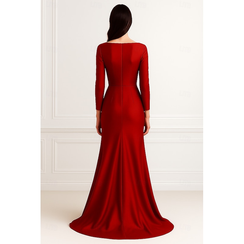 Red Black A-Line Evening Gown Elegant Dress Formal Wedding Floor Length Long Sleeve V Neck Stretch Satin with Pleats Ruched2
