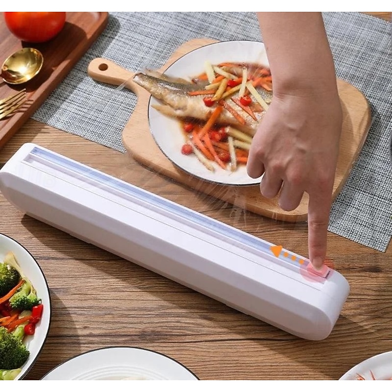 Cling Film Cutting Tool Suction Cup Design Adjustable Wrap Dispenser with Built In Cutter for Kitchen Storage Convenient Household Tool for Plastic Wrap and Foil Rolls