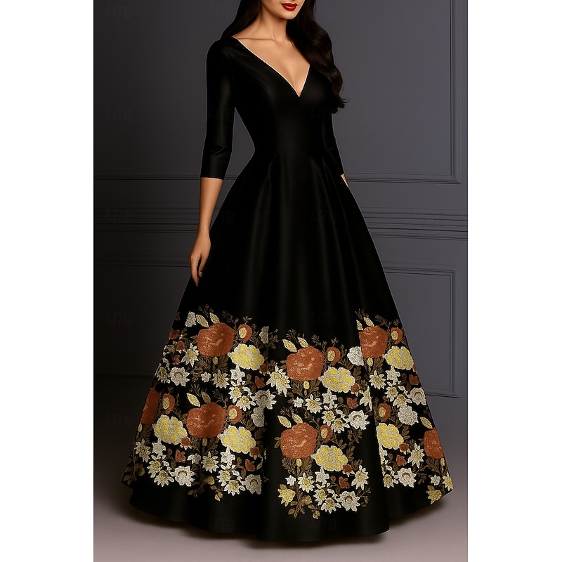 A-Line Evening Gown Sequined Elegant Dress Formal Wedding Guest Floor Length Long Sleeve Crew Neck Stretch Satin with Glitter3