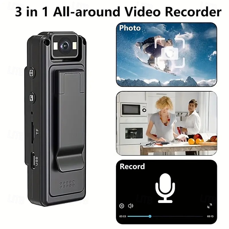 Wearable 1080P Full HD Action Camera - Portable Video Recorder Equipped with 1200mAh Lithium Polymer Battery USB Dual Charging Clip Design One Click Audio and Video Recording Night Vision Functio