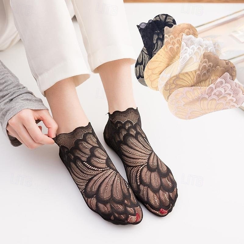 5 Pairs Amazing Crystal Peacock Socks Breathable Lace Ankle Socks for Women Sheer Mesh Feather Trim Non Slip Short Cute Low Cut Socks