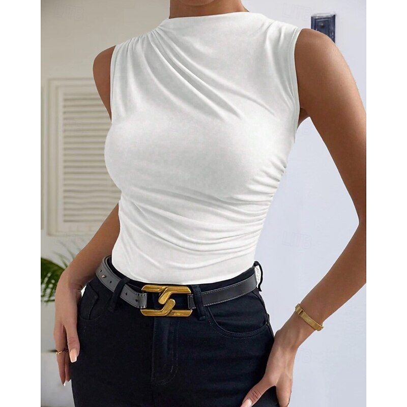 Women's Texture Blouse T Shirt Plain Fashion Modern Sleeveless High Neck Regular Tops Daily Black White Beige Summer2