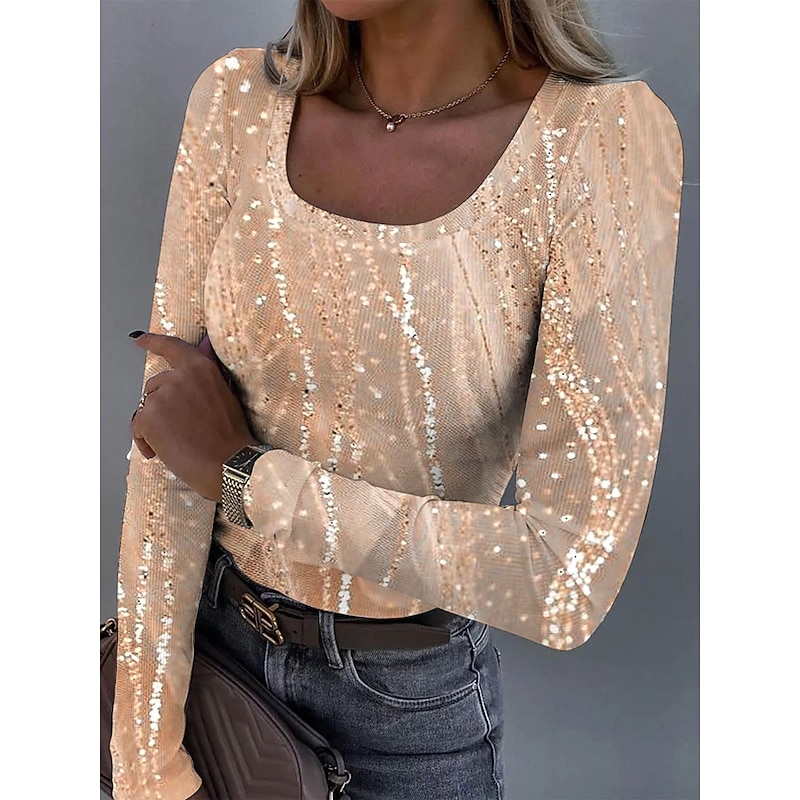 Women's T shirt Long Sleeve Ribbed Graphic Square Neck Long Sleeve Casual Ombre Abstract Vintage Stylish Classic Regular Tops Daily Print Blue Purple Gold Green Spring Fall Prefall