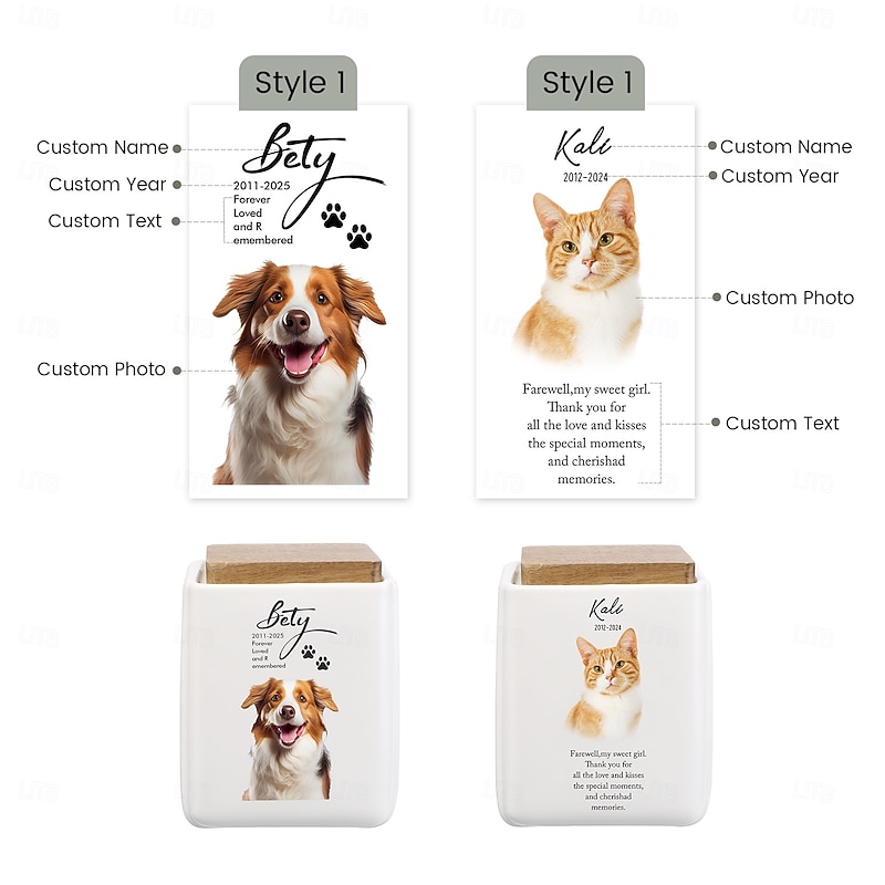 Personalized Pet Cremation Urn, Custom Memorial Gift Name Year Text Photo Ceramic Ashes Box for Dog Cat Memorial Keepsake3