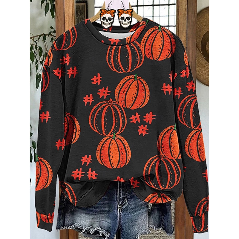 Halloween Women's Sweatshirts Pumpkin Graphic Casual Long Sleeve Crew Neck Regular Tops Street Dailywear Casual Print Black Pink Red Orange Fall Winter3