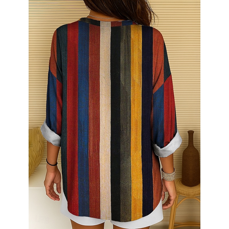 Women's Shirt Cotton Linen Shirt Blouse Graphic Geometric Striped Daily Hawaiian Business Long Sleeve V Neck Regular Tops Work Daily Holiday Buttons Print Yellow Red Blue Purple Green Summer Spring2